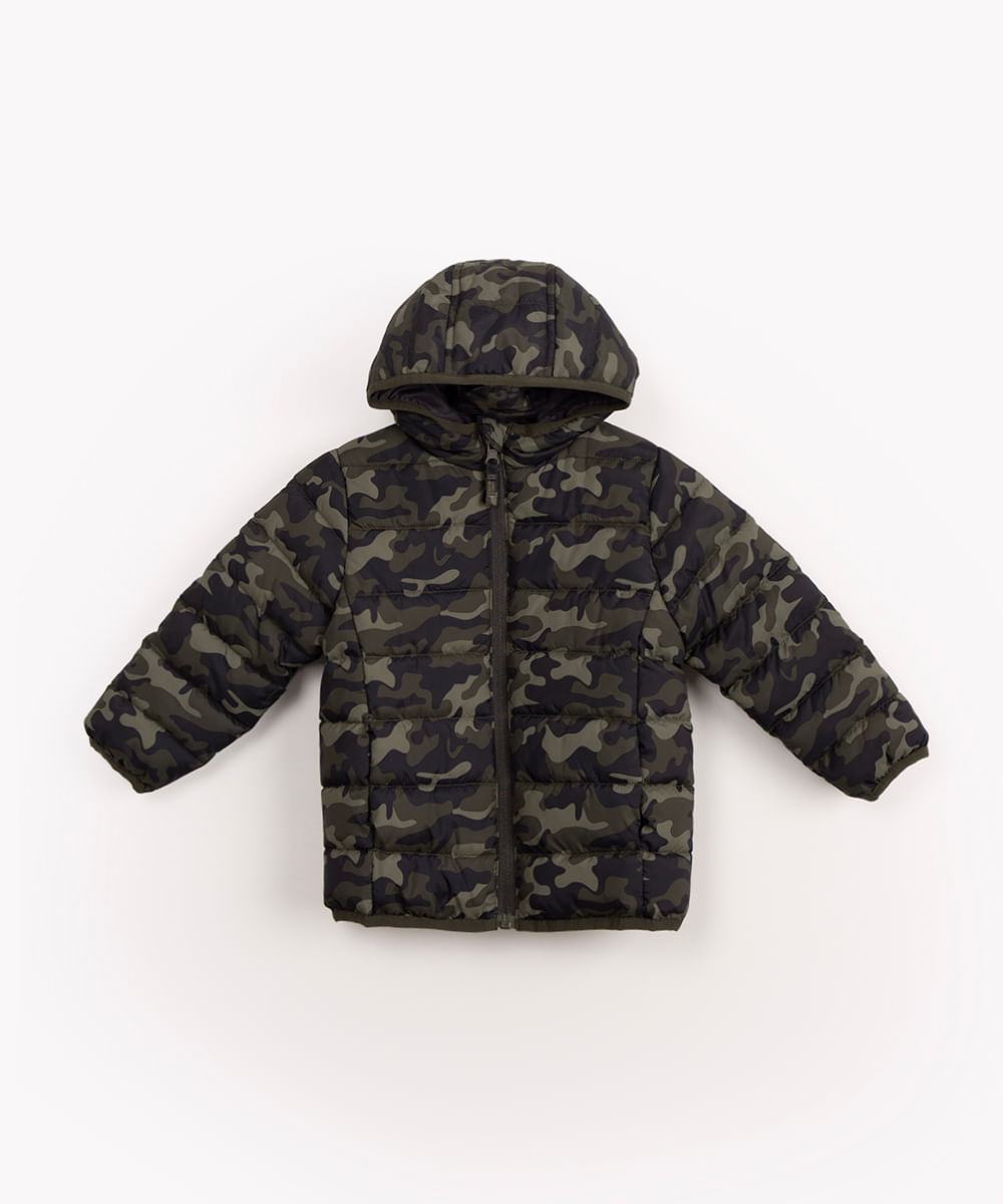 jaqueta infantil bomber camuflada com capuz verde militar