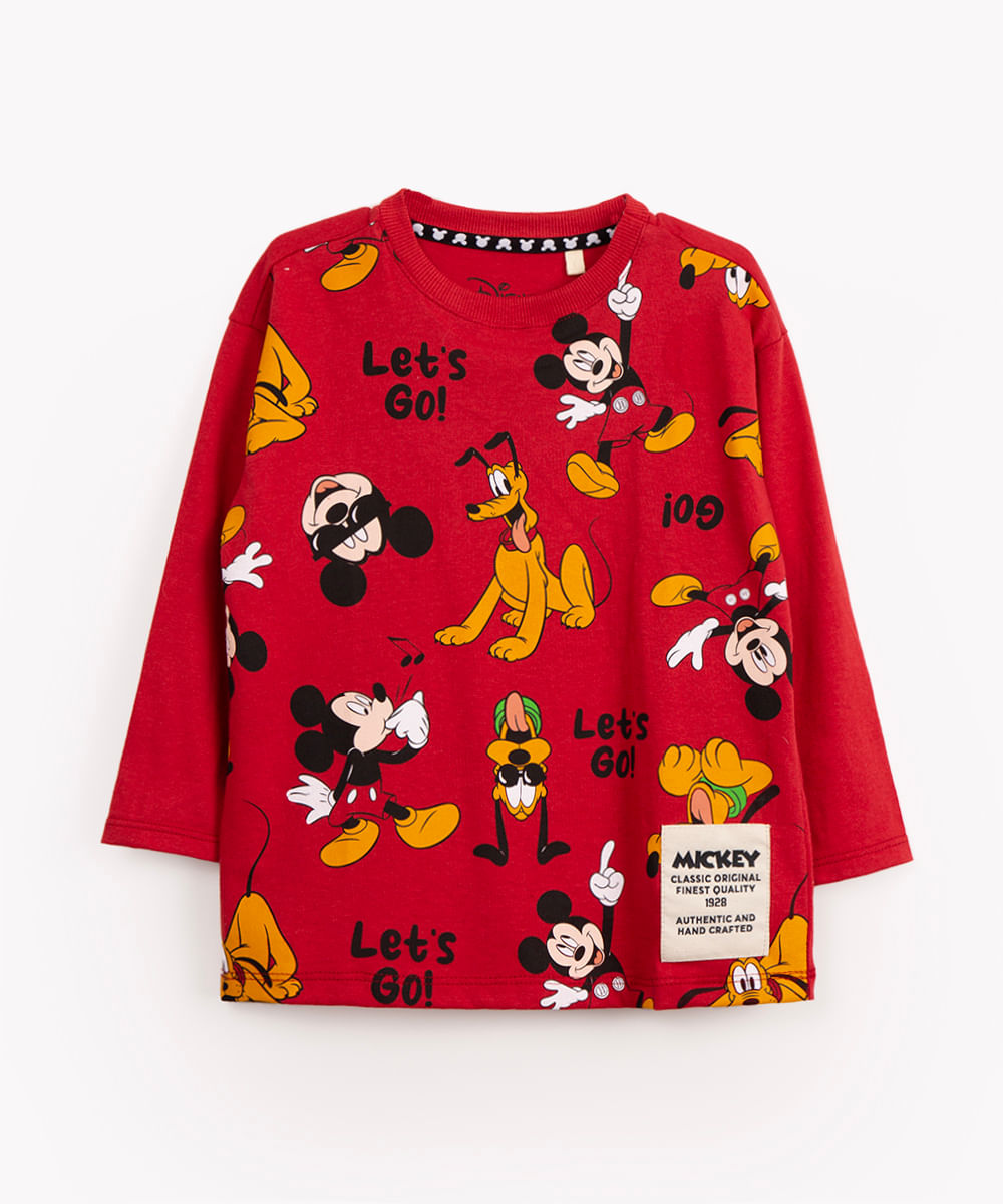 camiseta infantil de algodão mickey manga longa vermelho escuro