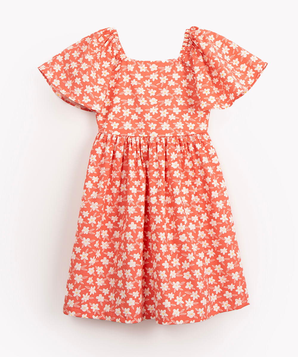 vestido de algodão infantil floral manga curta multicor