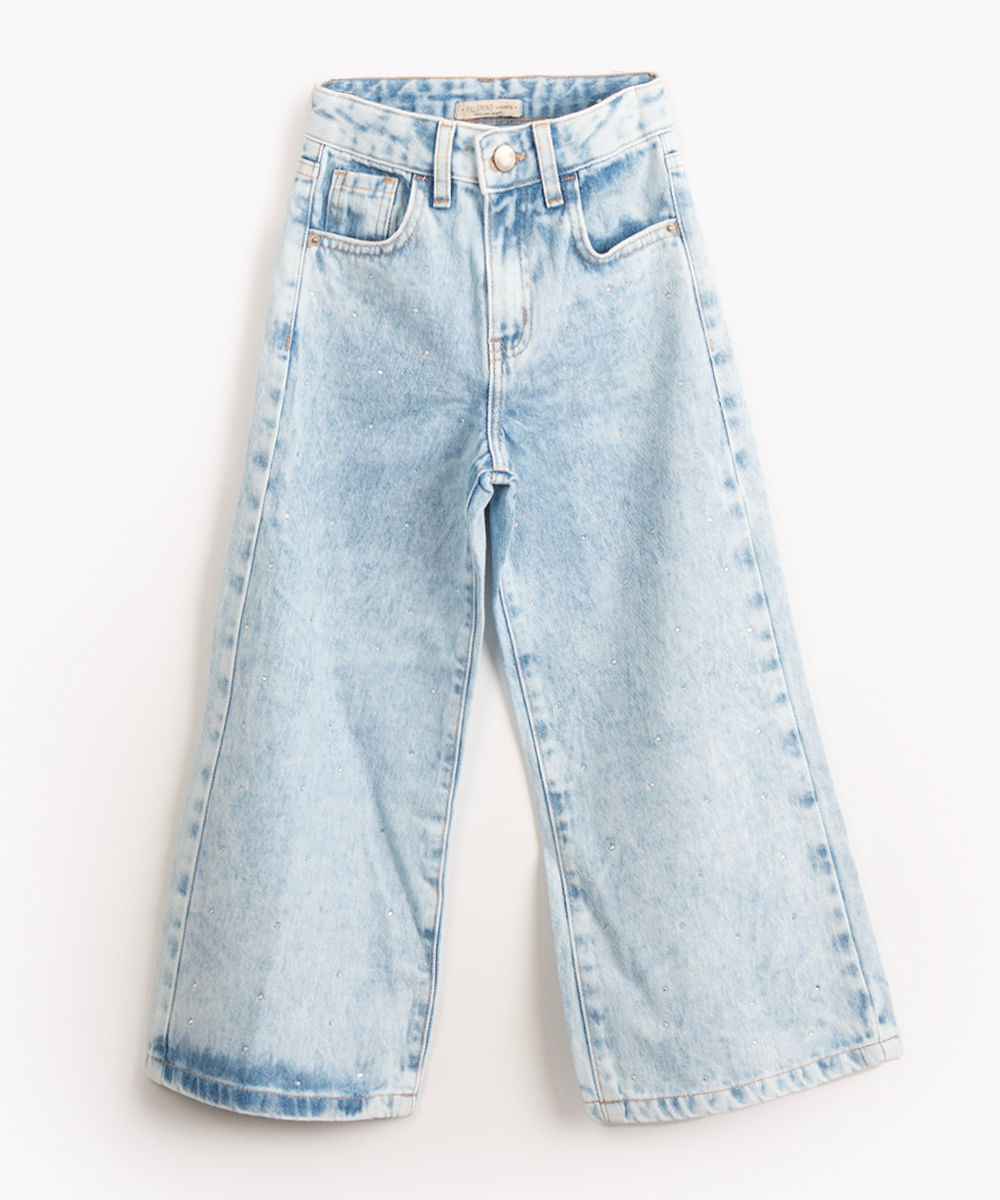 calça jeans infantil wide leg com brilho tal mãe tal filha azul claro