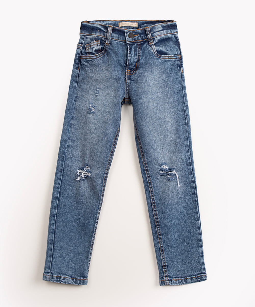 calça jeans infantil skinny com rasgos azul médio