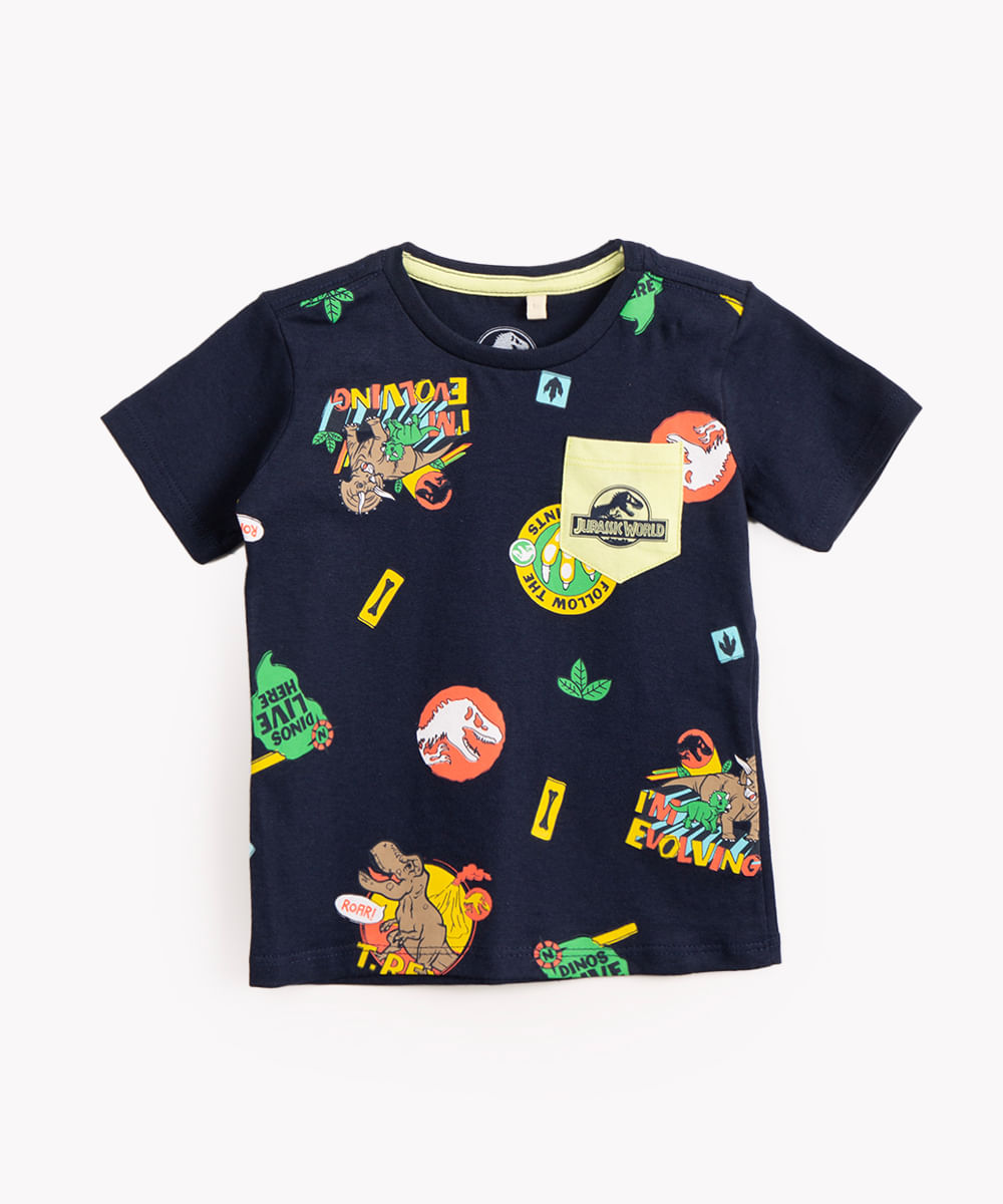 camiseta de algodão infantil jurassic word manga curta azul marinho