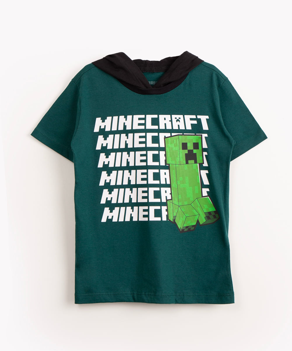 camiseta de algodão infantil minecraft com capuz manga curta verde