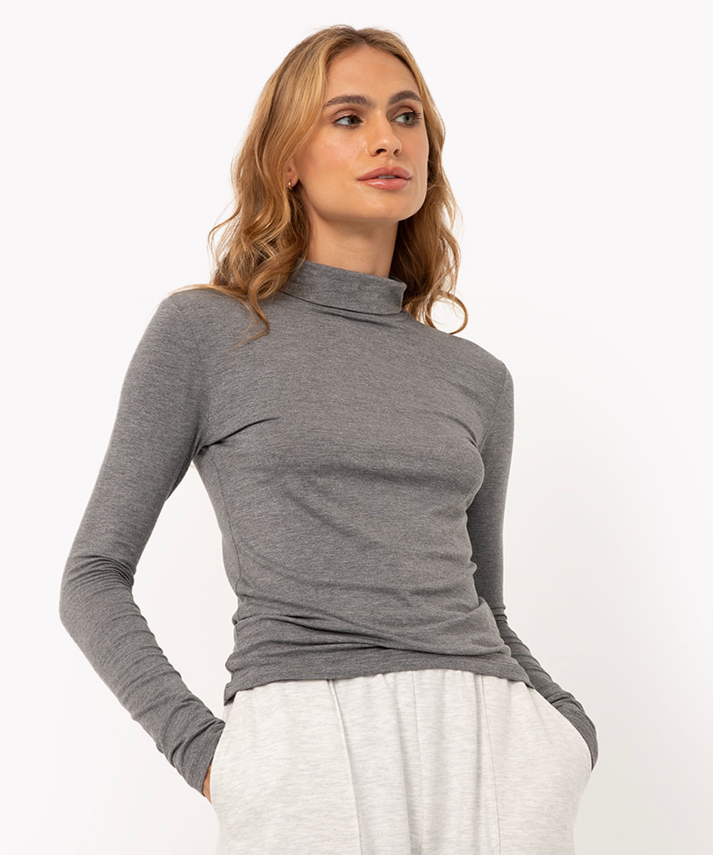 blusa gola alta manga longa cinza