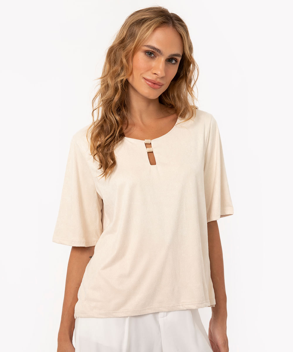 blusa de suede manga curta bege claro