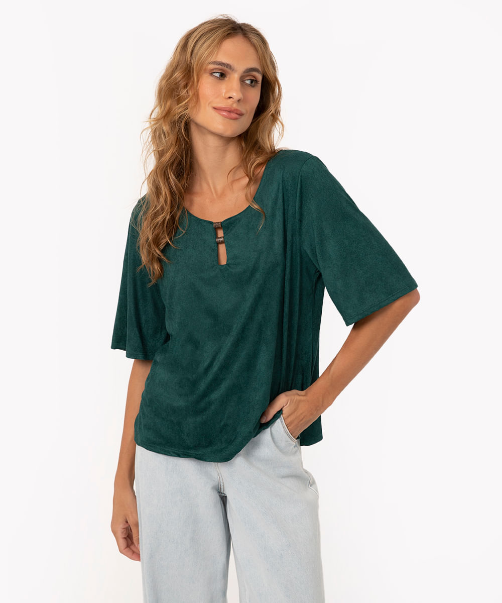 blusa de suede manga curta verde escuro