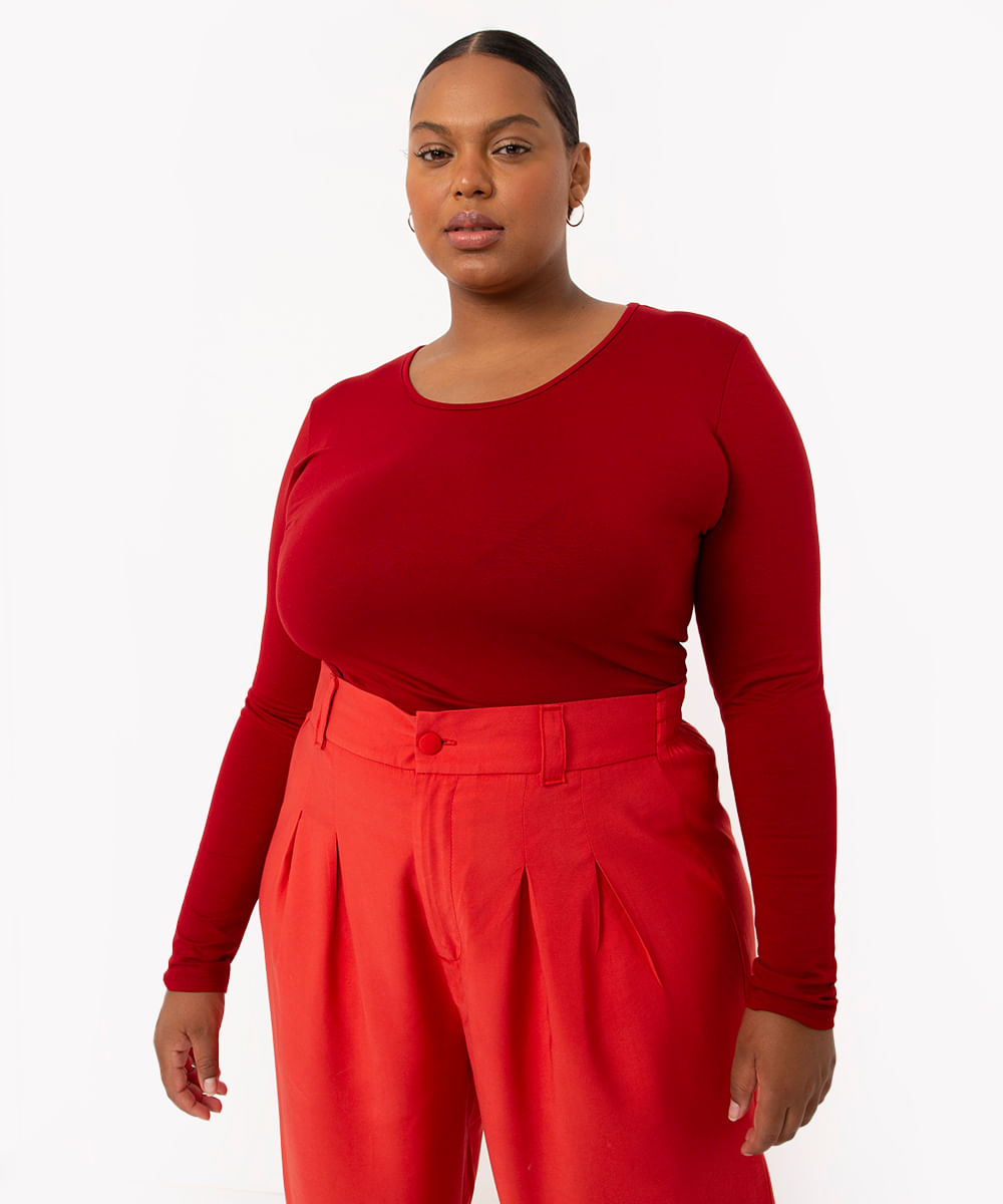 blusa plus size básica manga longa decote redondo vinho