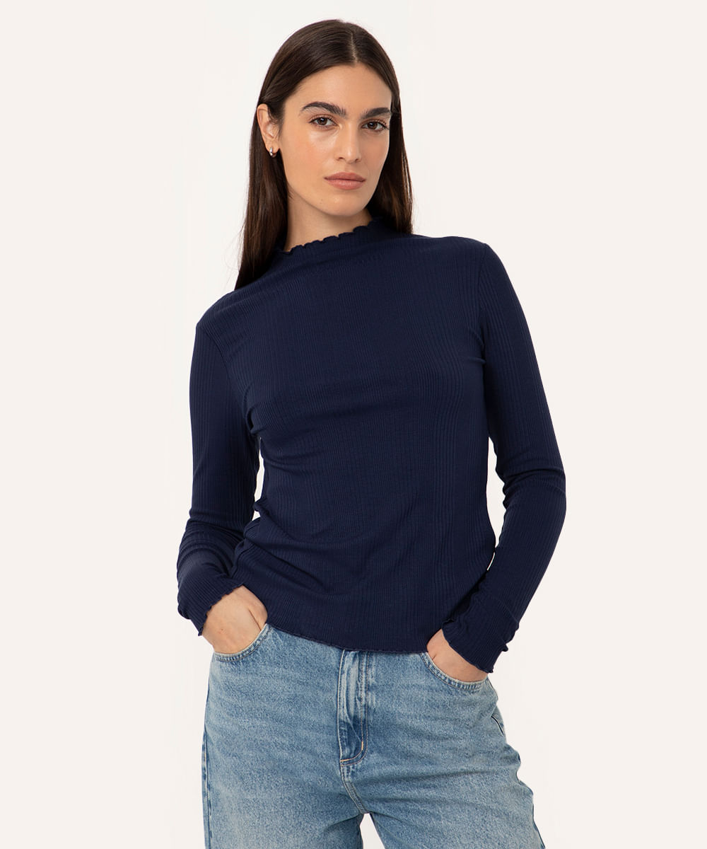 blusa de viscose canelada manga longa azul marinho