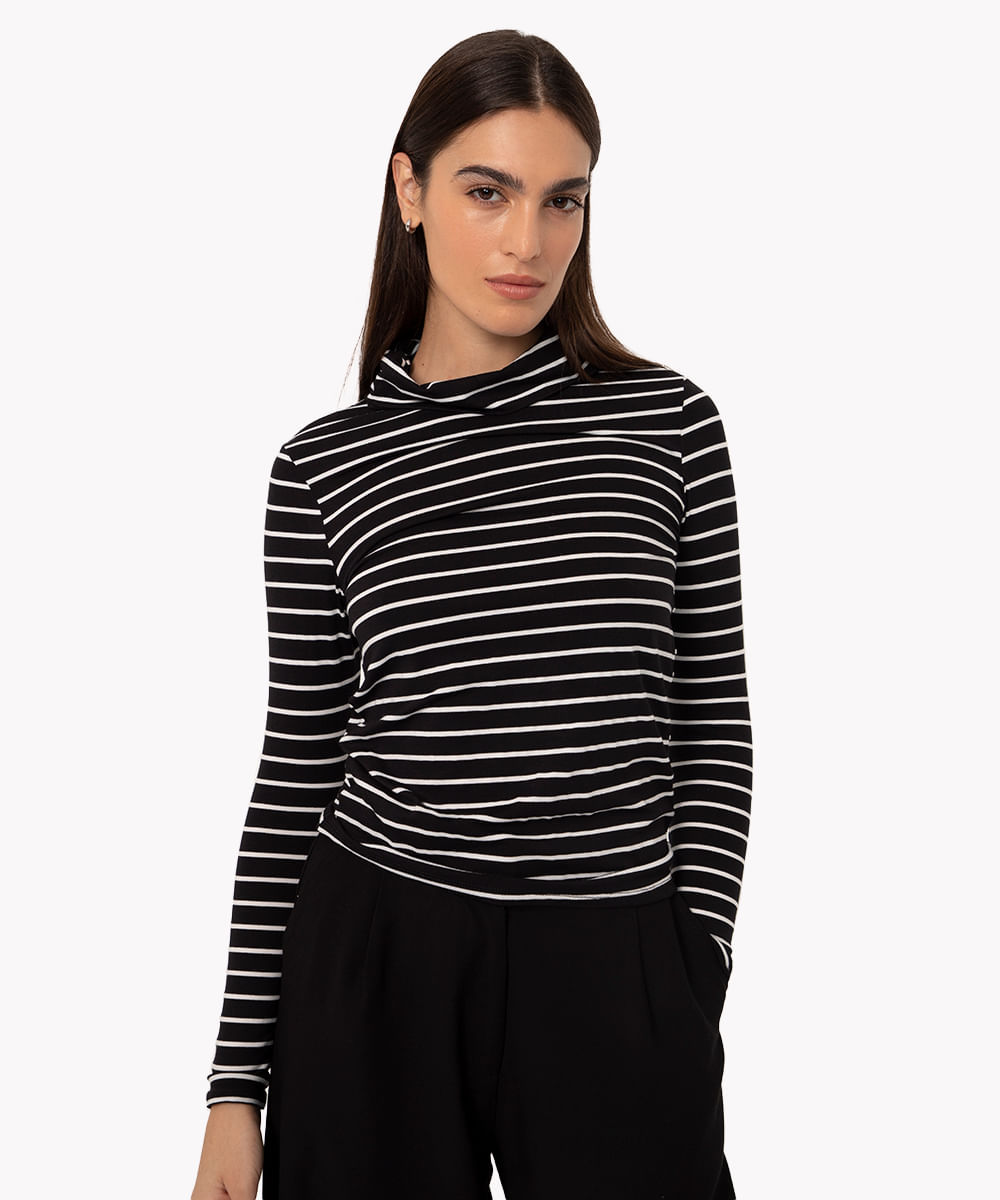 blusa de viscose gola alta manga longa listrada preto