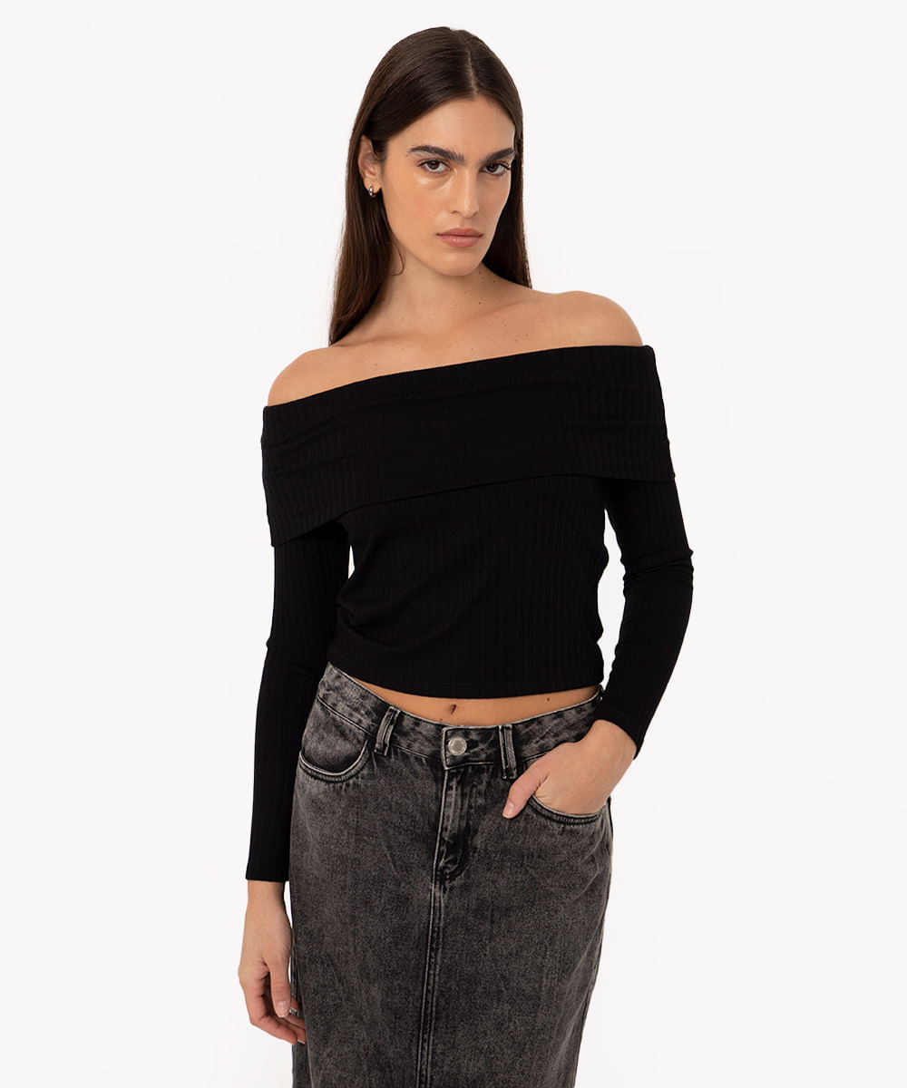 blusa de viscose ombro a ombro manga longa preto