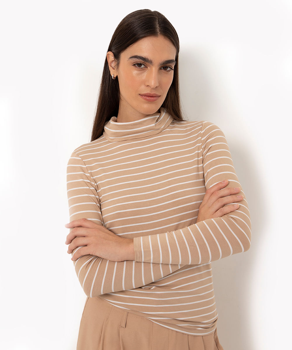 blusa de viscose gola alta manga longa listrada bege