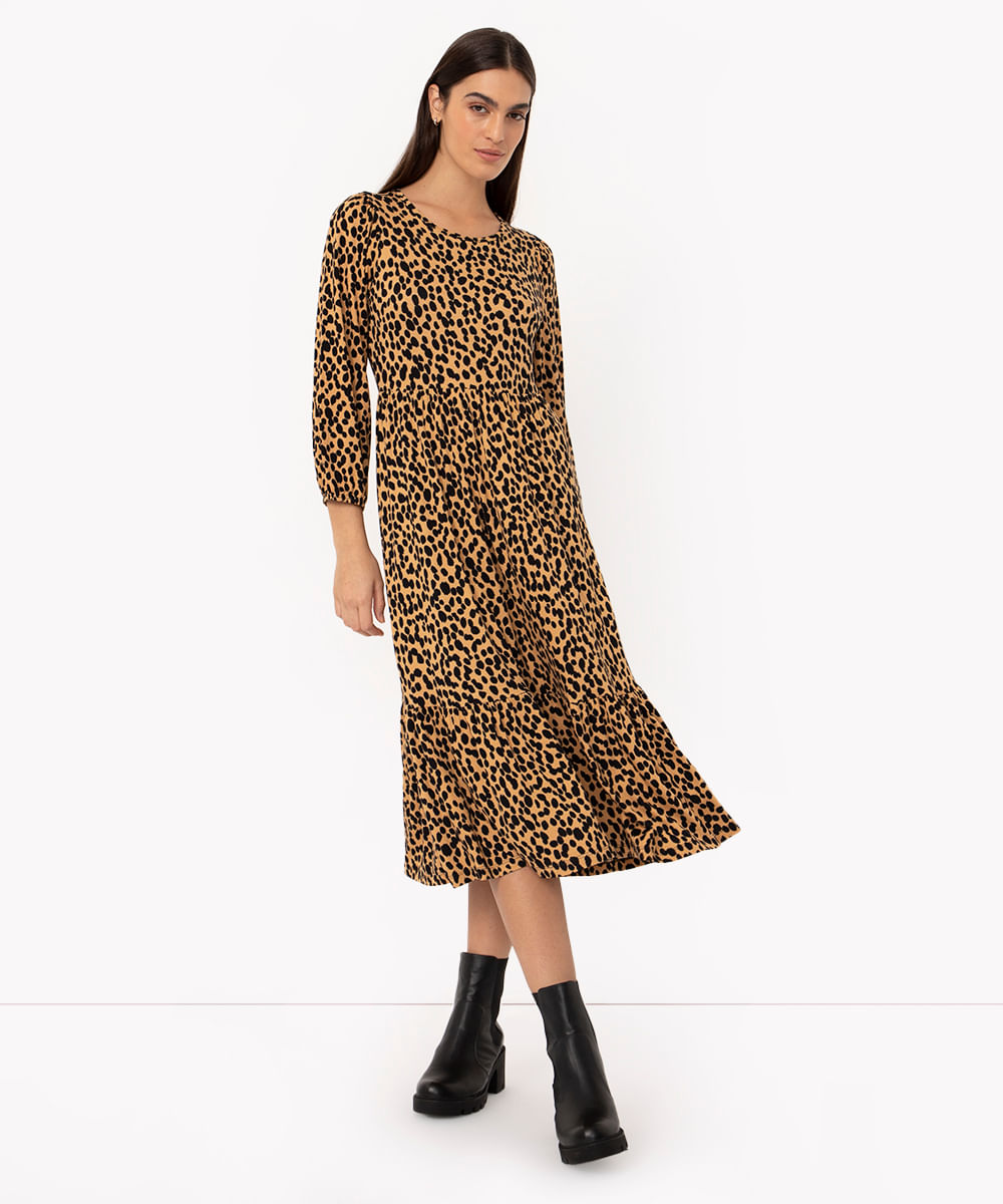 vestido midi de viscose animal print bege claro