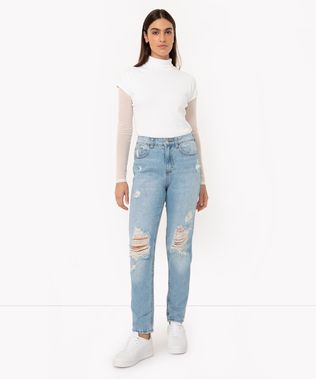 calça jeans mom cintura super alta destroyed azul médio