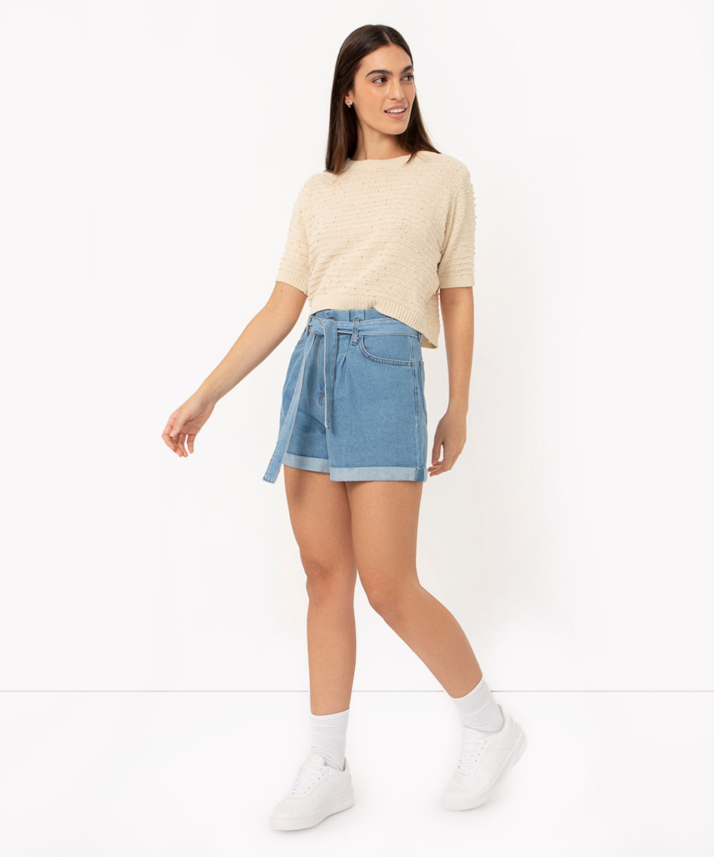 Short Clochard Jeans Cintura Super Alta com Faixa Para Amarrar Azul Escuro