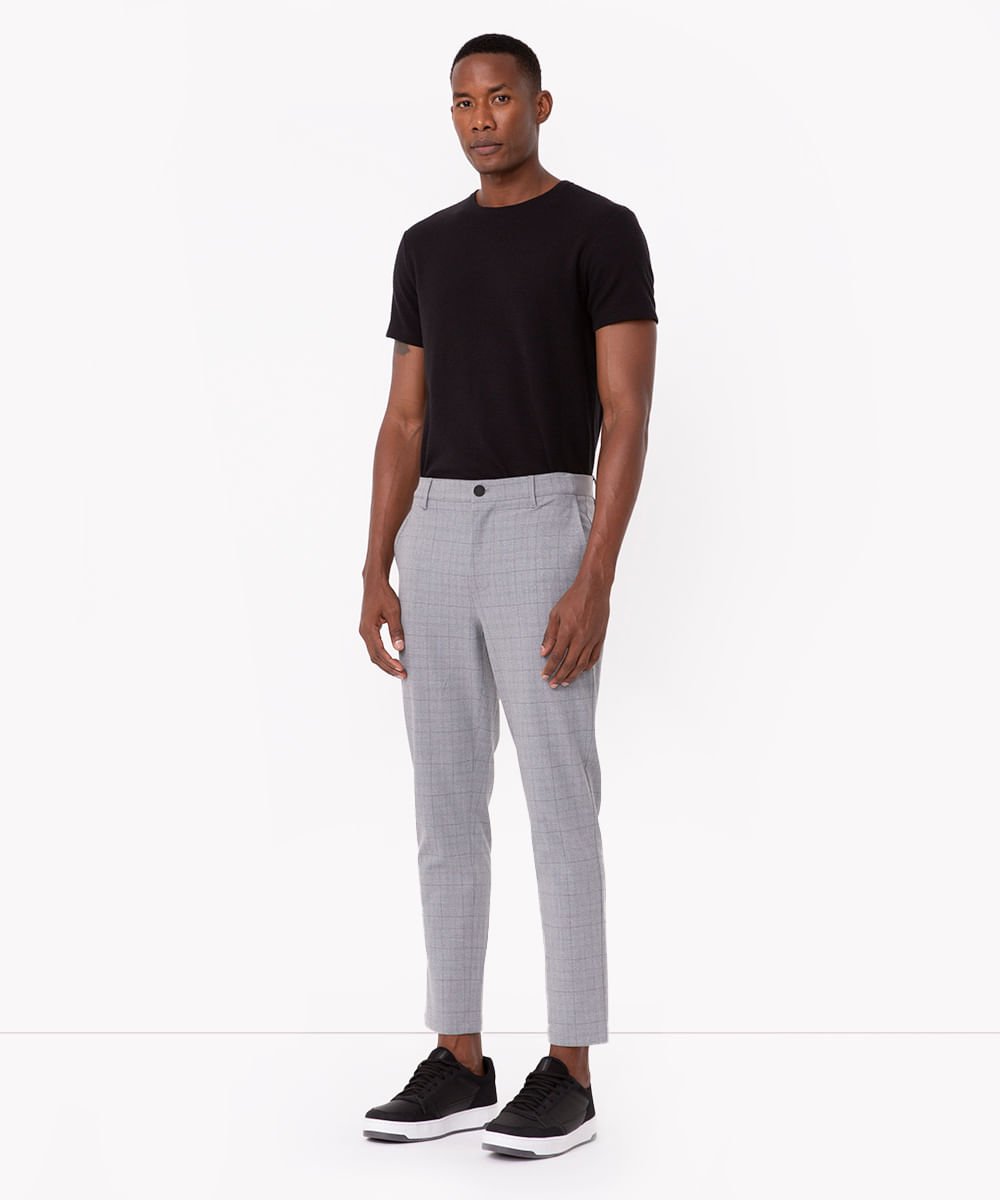 calça chino slim de alfaiataria masculina xadrez cinza