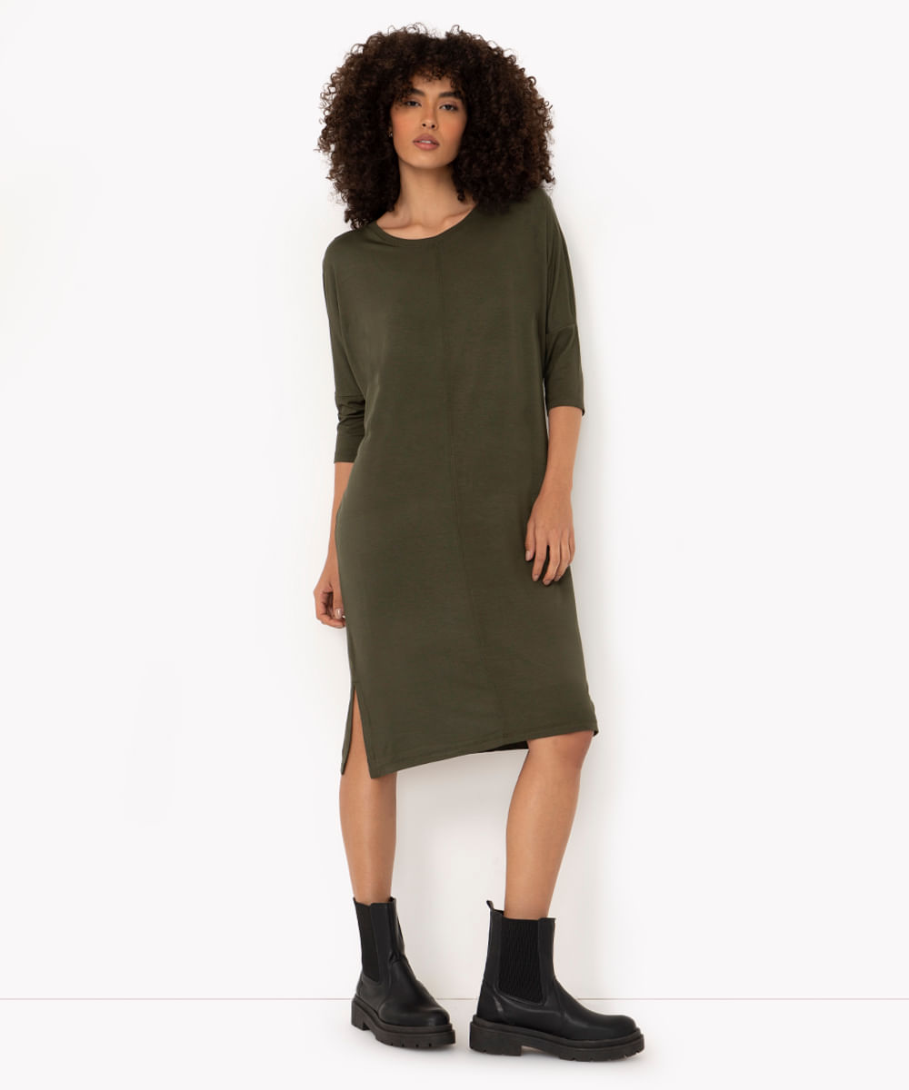 vestido midi básico de viscose verde militar