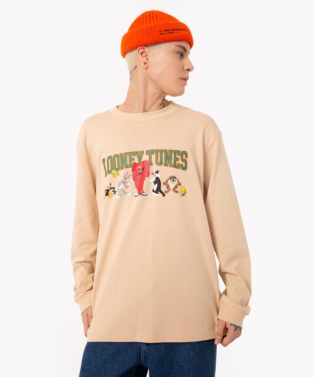 camiseta de algodão oversized looney tunes manga longa bege