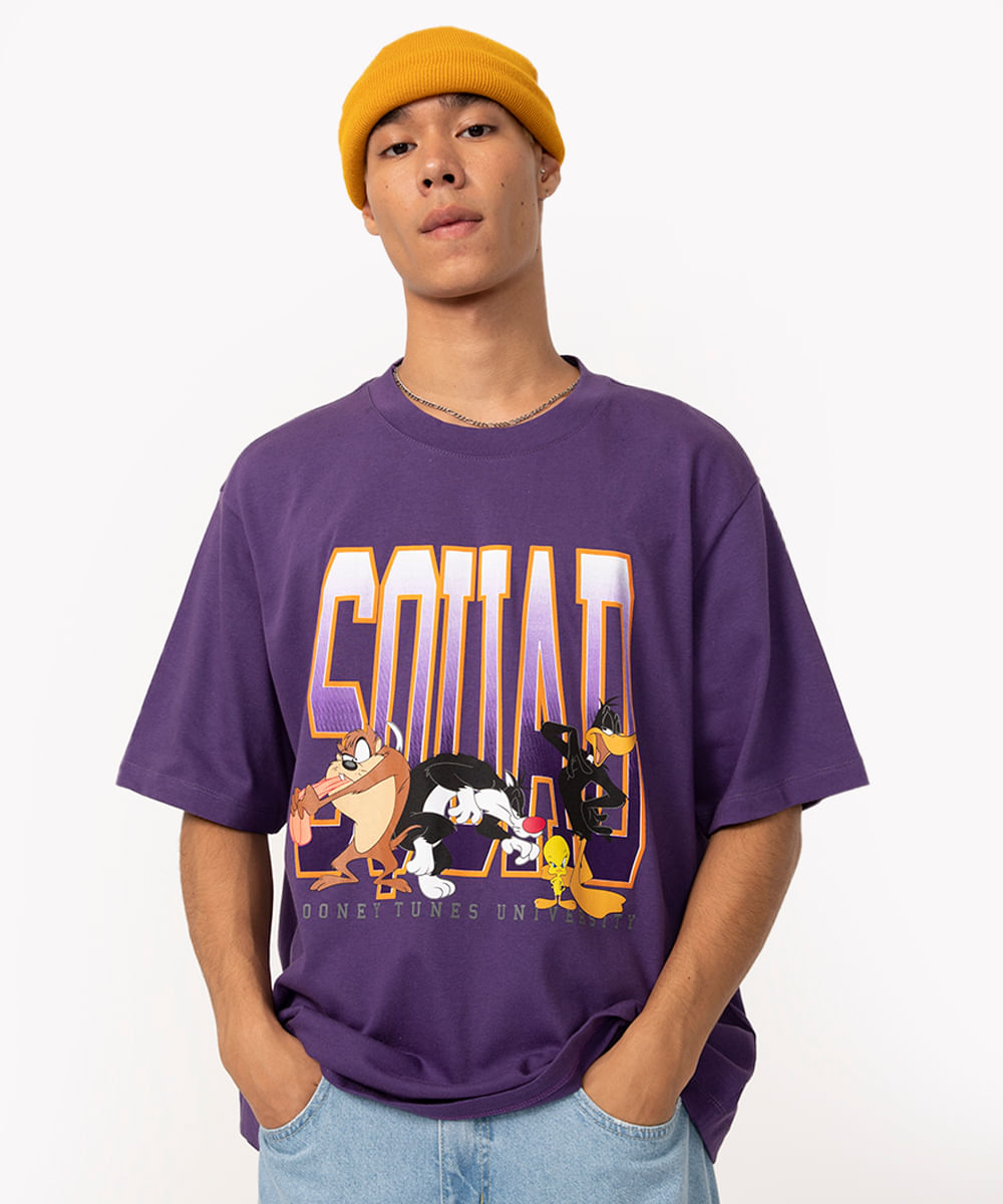 camiseta de algodão oversized manga curta looney tunes roxo