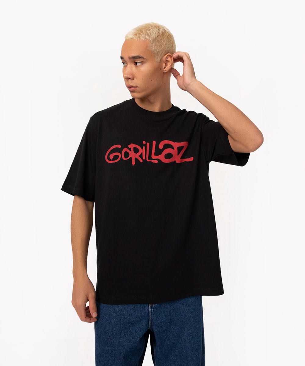 camiseta de algodão manga curta oversized gorillaz preto