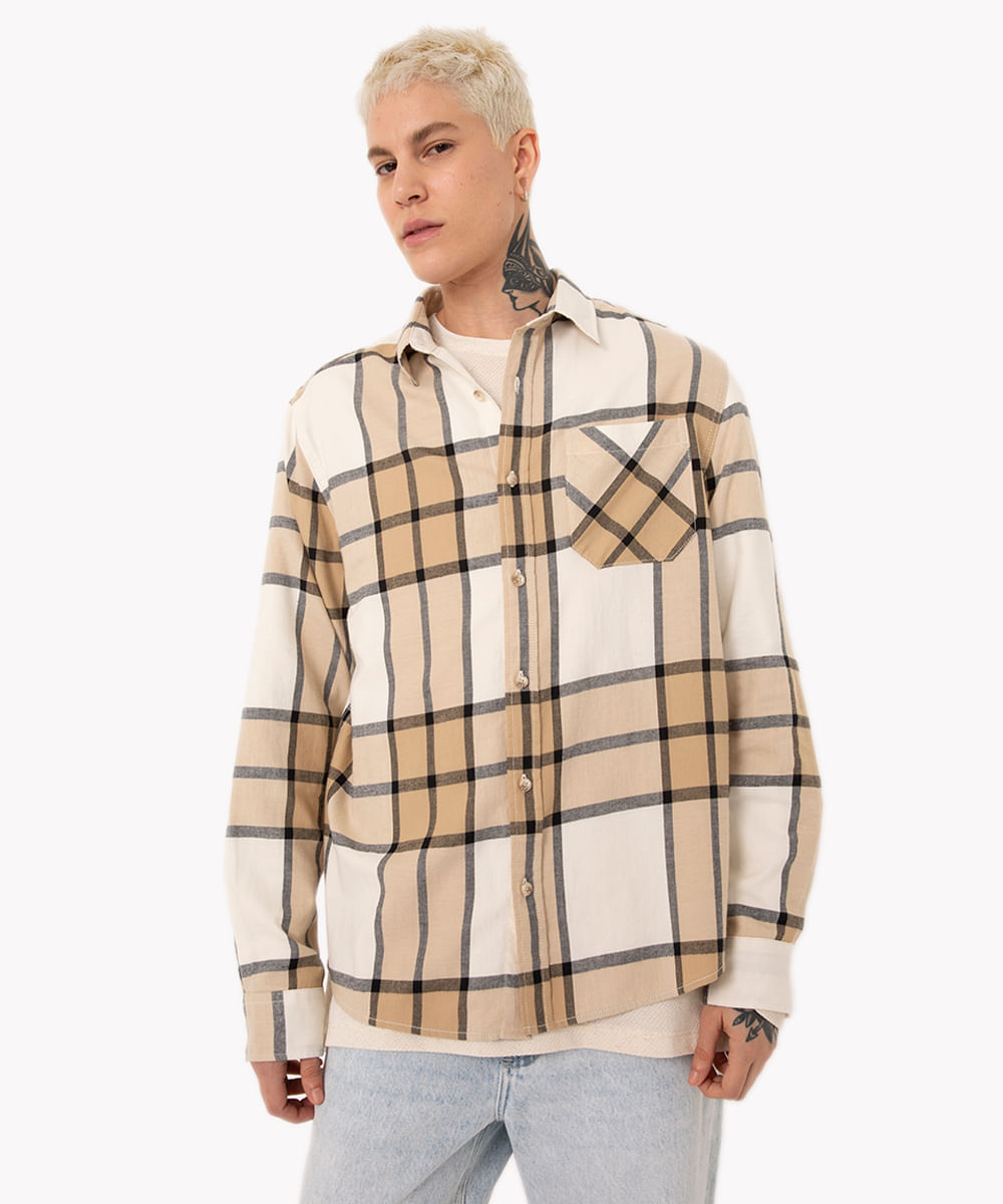 camisa de algodão xadrez manga longa bege