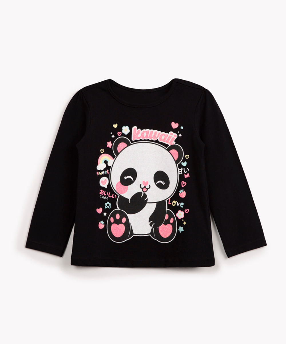 camiseta infantil de algodão panda manga longa preto