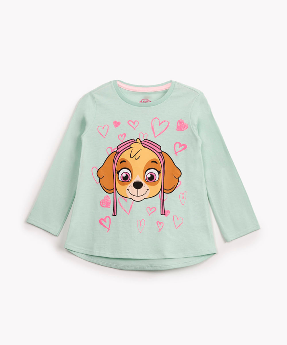 camiseta infantil de algodão patrulha canina skye manga longa verde