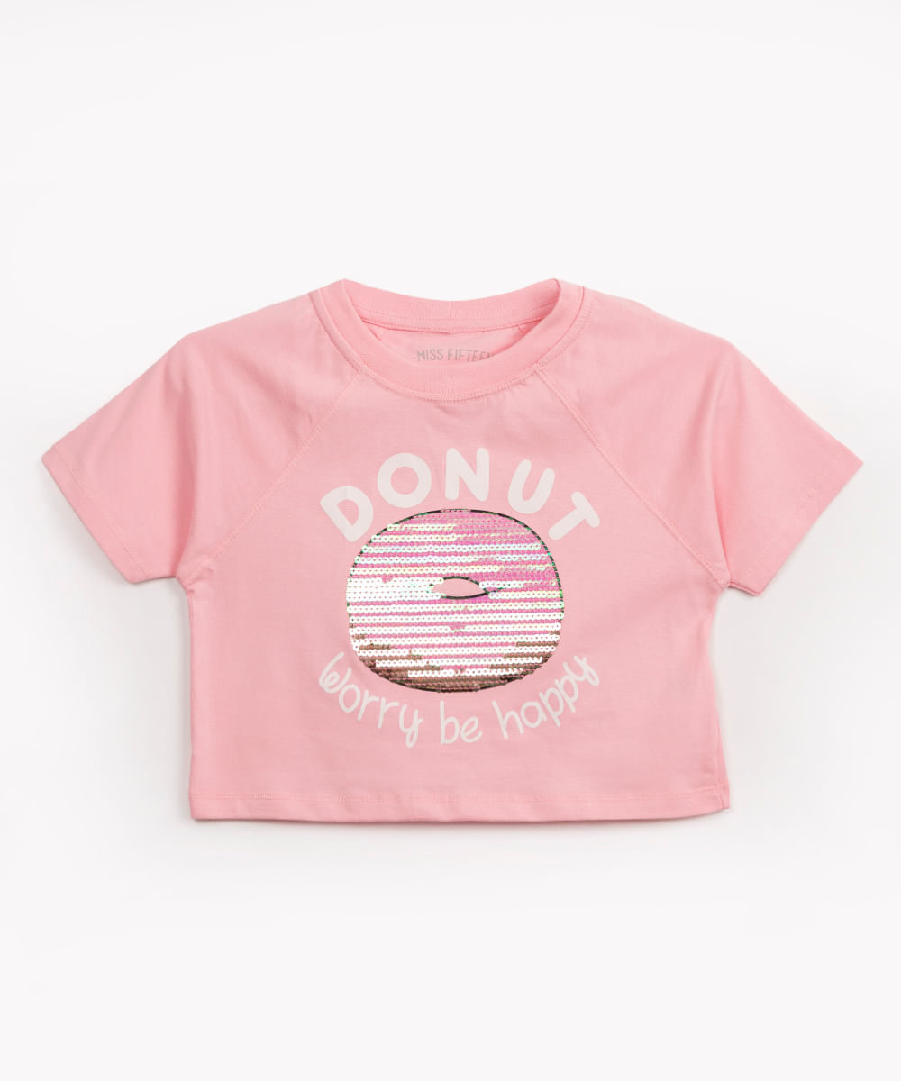 camiseta juvenil cropped donut worry be happy rosa