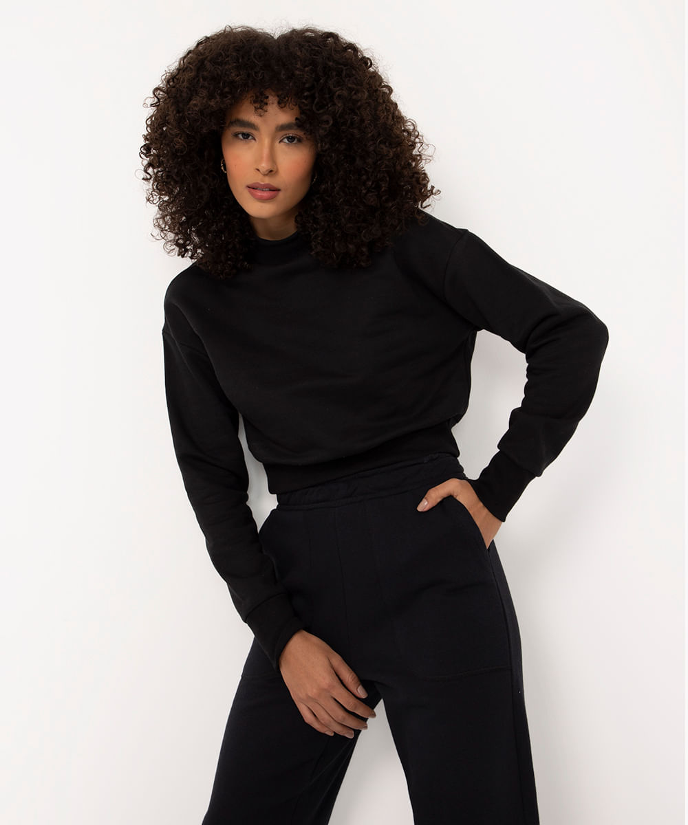 blusa de moletom básica cropped manga longa preto