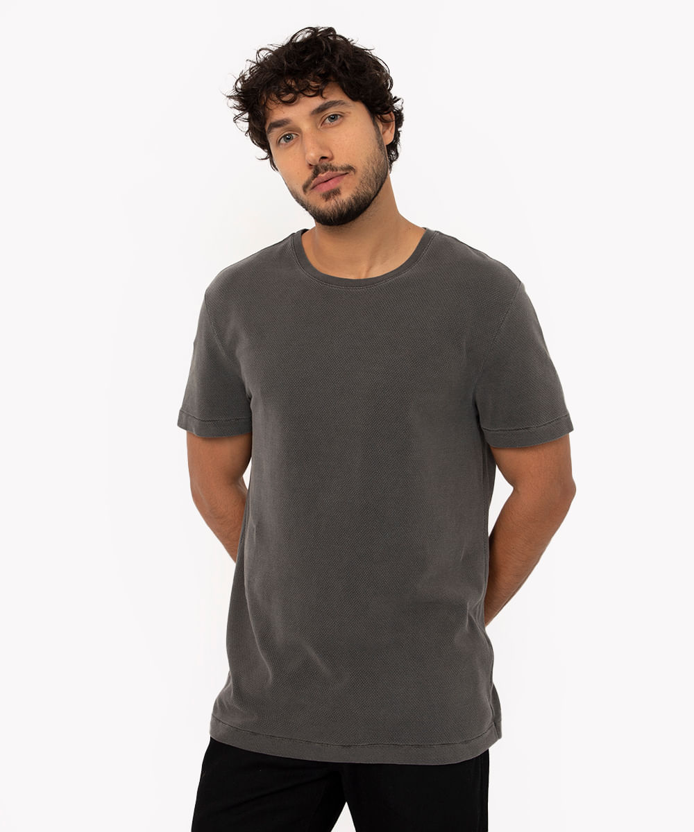 camiseta de algodão texturizada manga curta cinza escuro