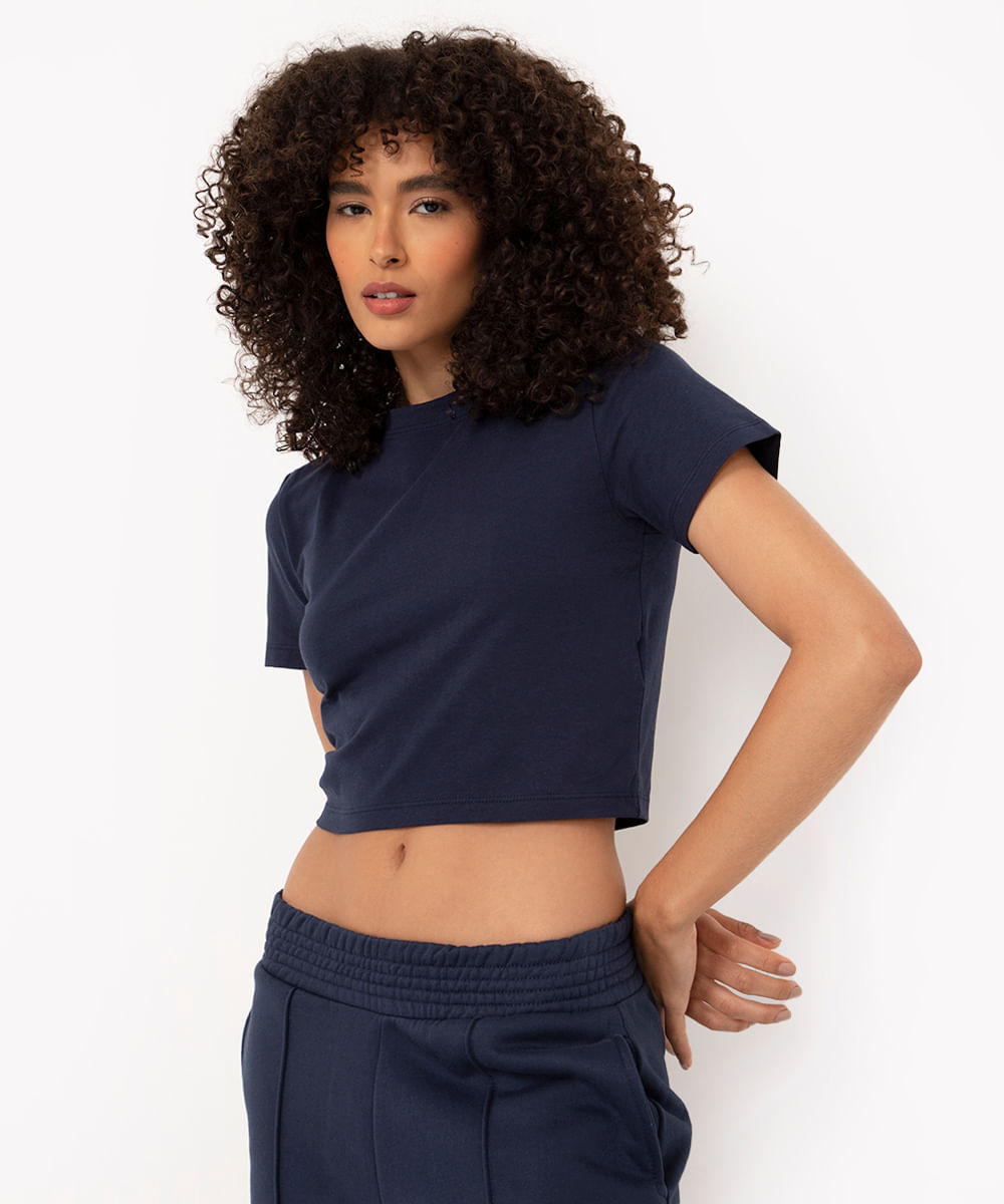 blusa baby look de algodão peruano azul