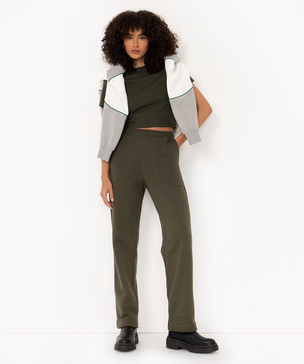 calça de moletom básica reta cintura média com bolsos verde militar