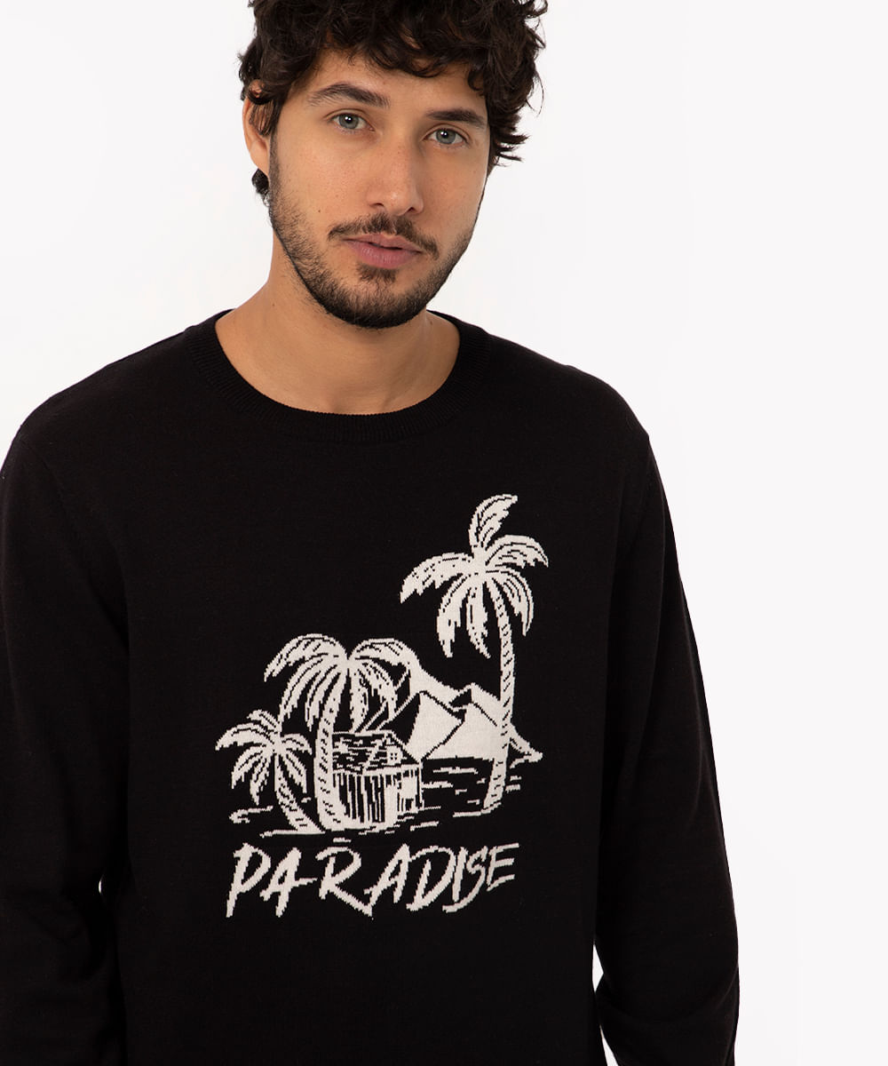 suéter de tricot manga longa paradise preto