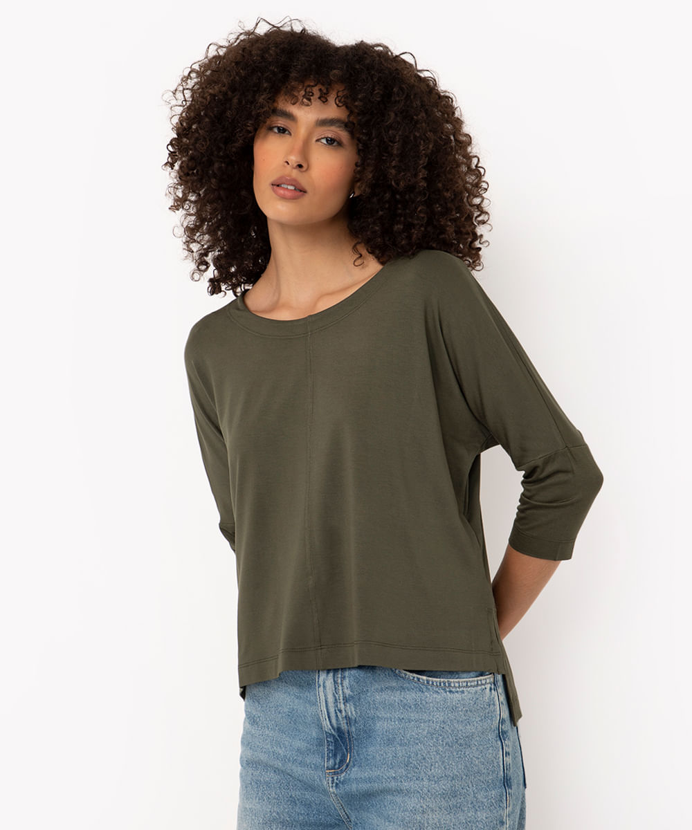 blusa de viscose básica ampla manga alongada verde militar