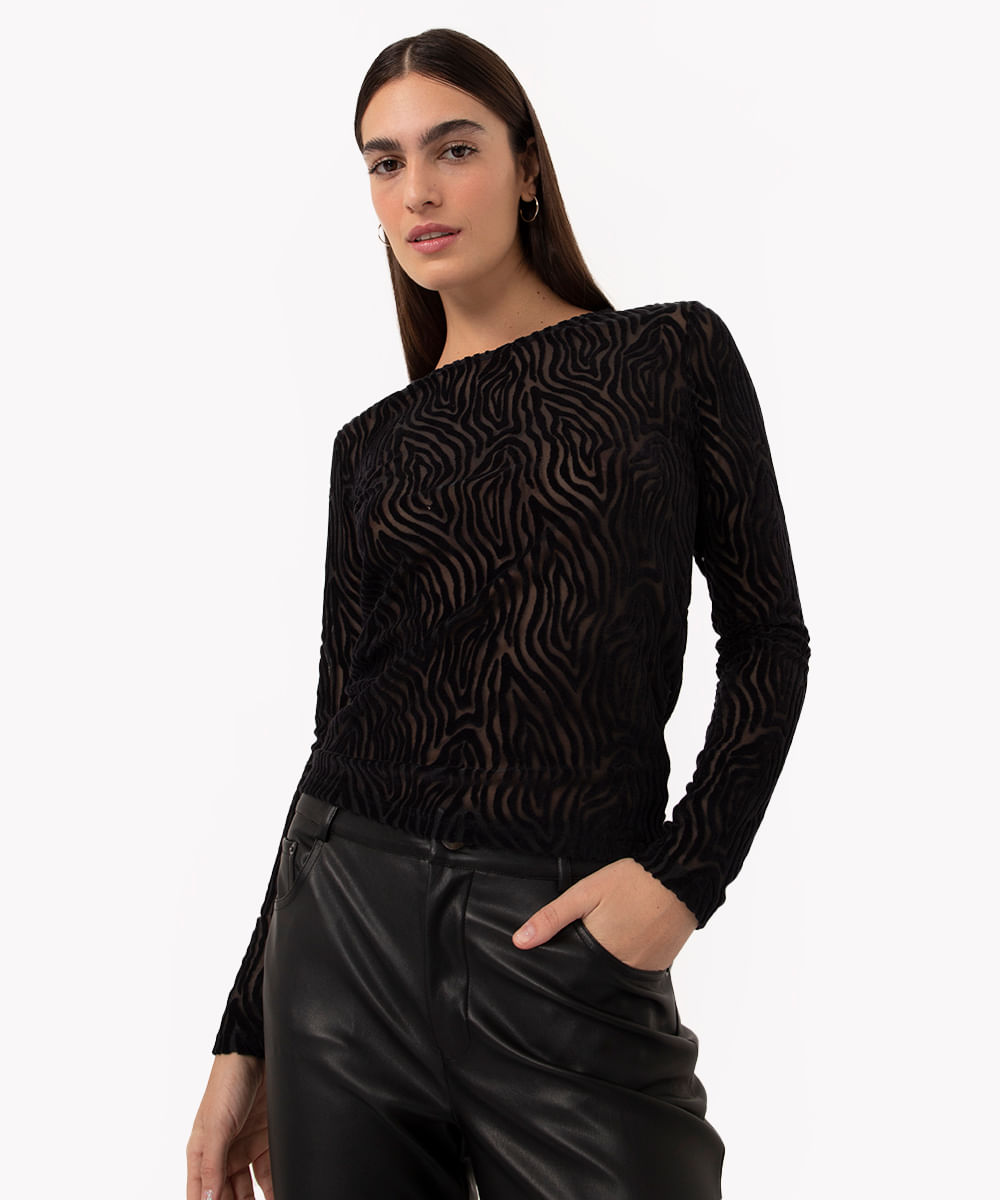 blusa de tulê com bordado em veludo manga longa preto