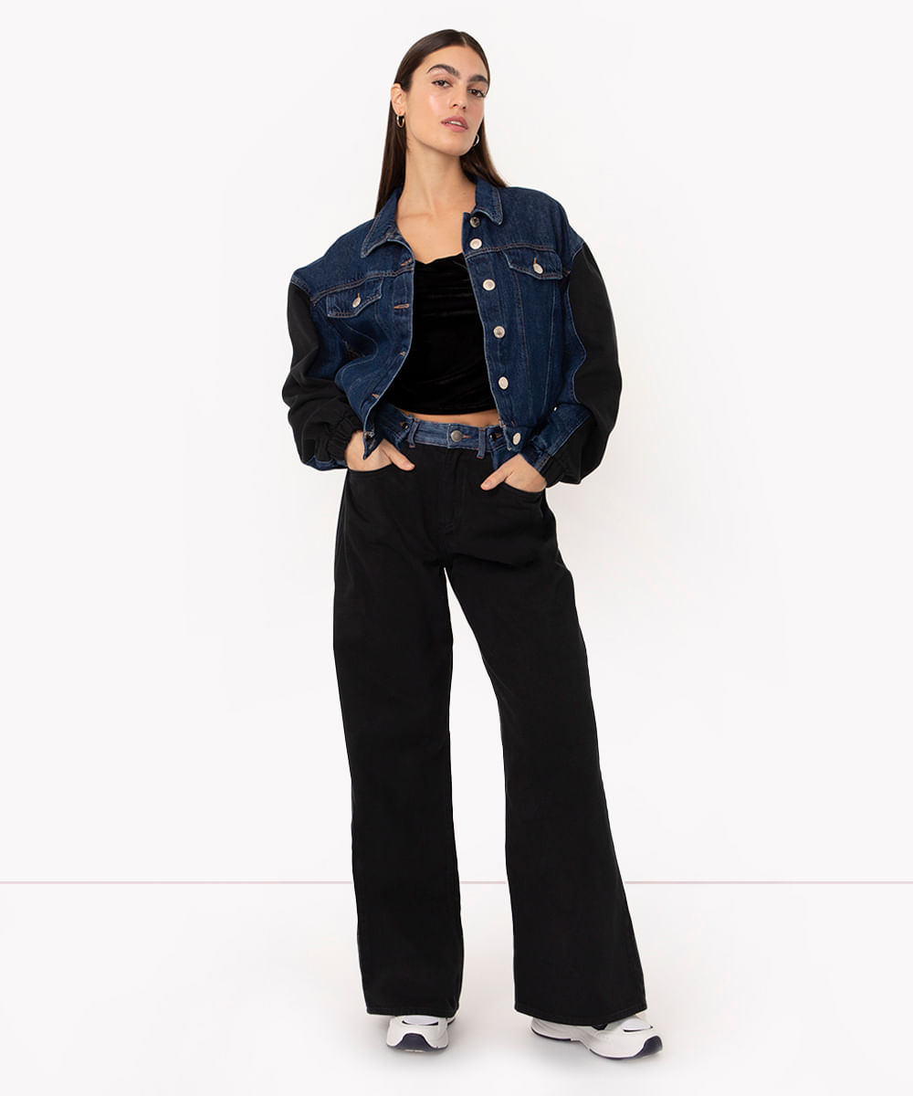 calça wide leg jeans cintura regulável azul médio