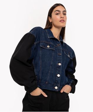 jaqueta jeans bomber bicolor azul escuro