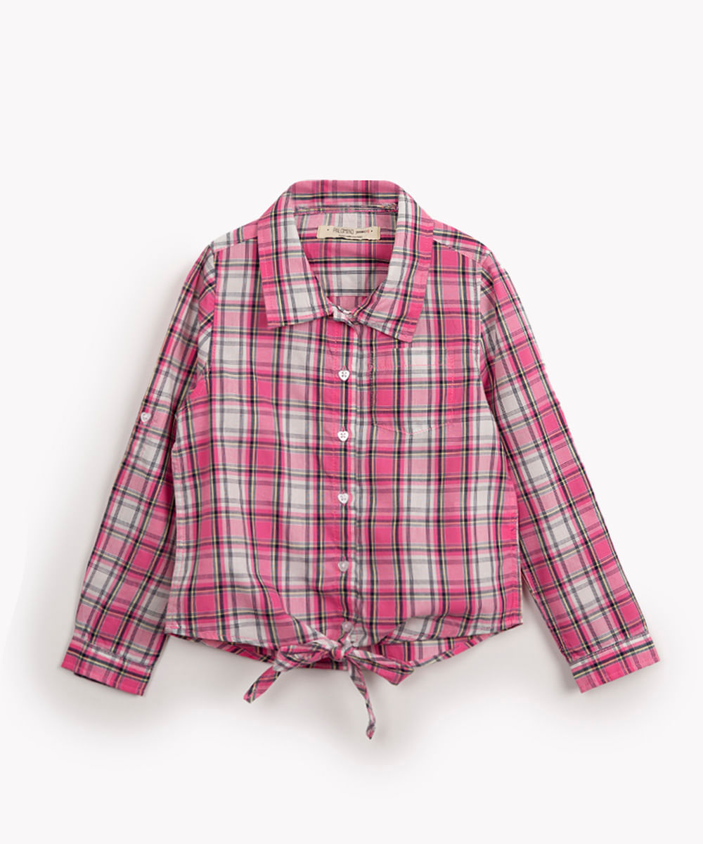 camisa de algodão infantil xadrez nó manga longa rosa