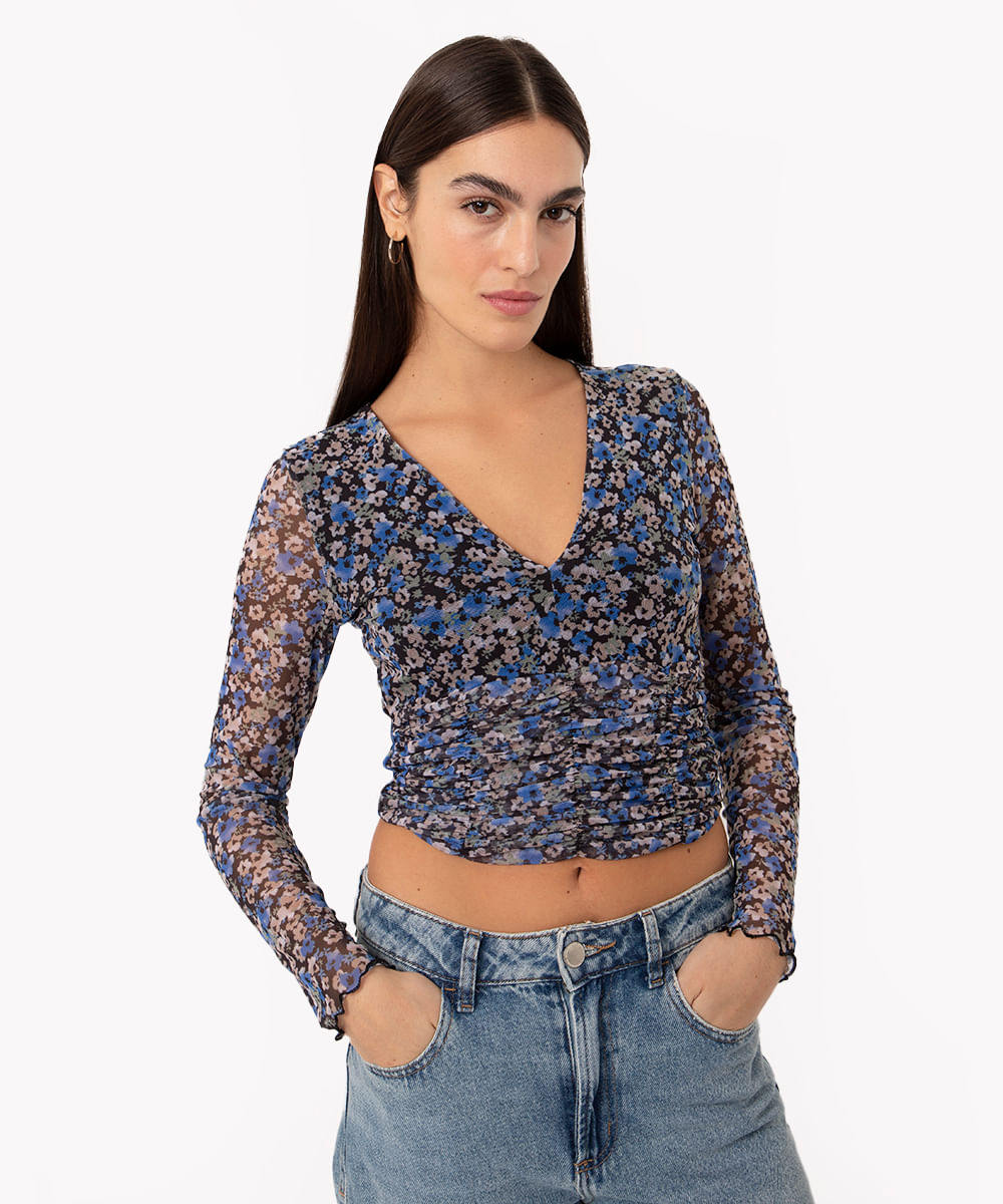 cropped de tule floral com franzido manga longa multicor