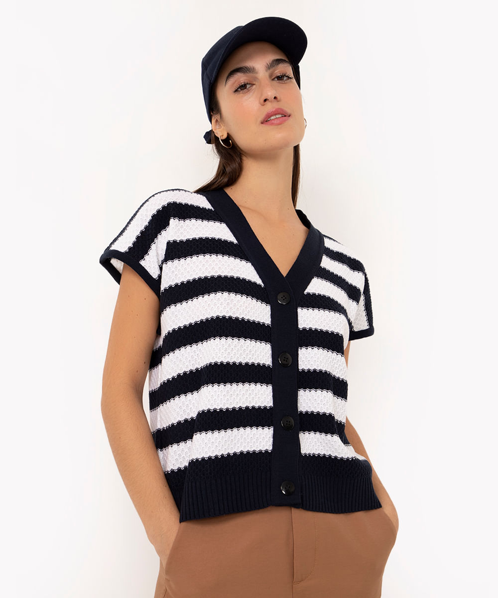 colete de tricot gola v listrado off white