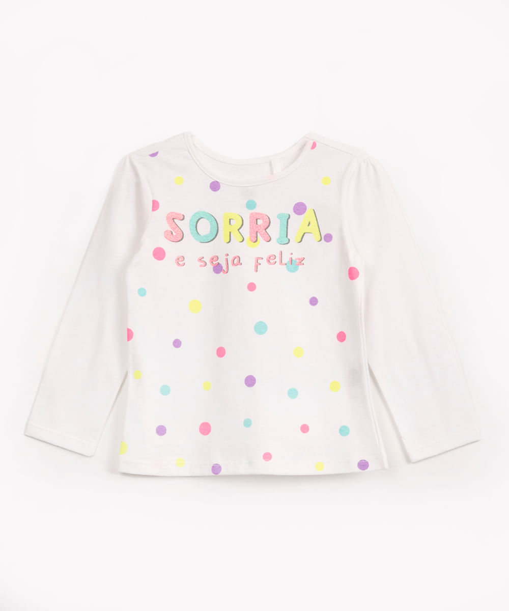 camiseta infantil de algodão sorria manga longa off white