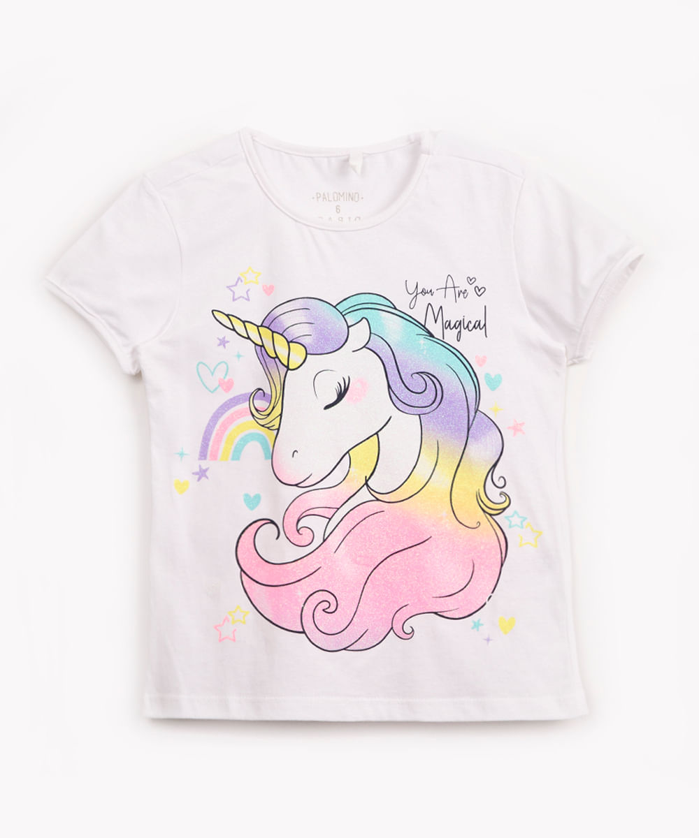 camiseta infantil de algodão unicórnio neon manga curta off white