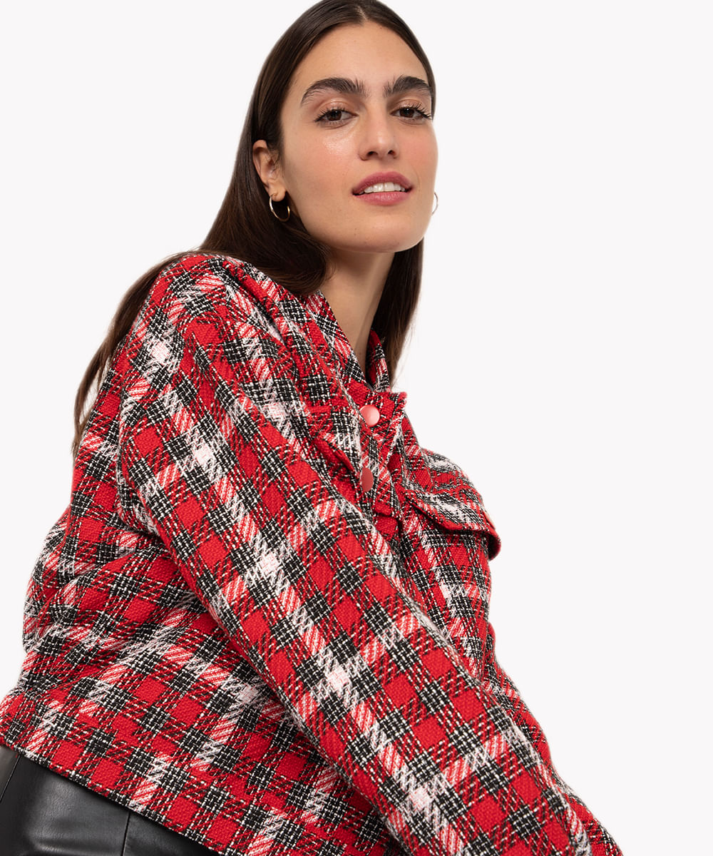 jaqueta bomber de tweed manga longa vermelho