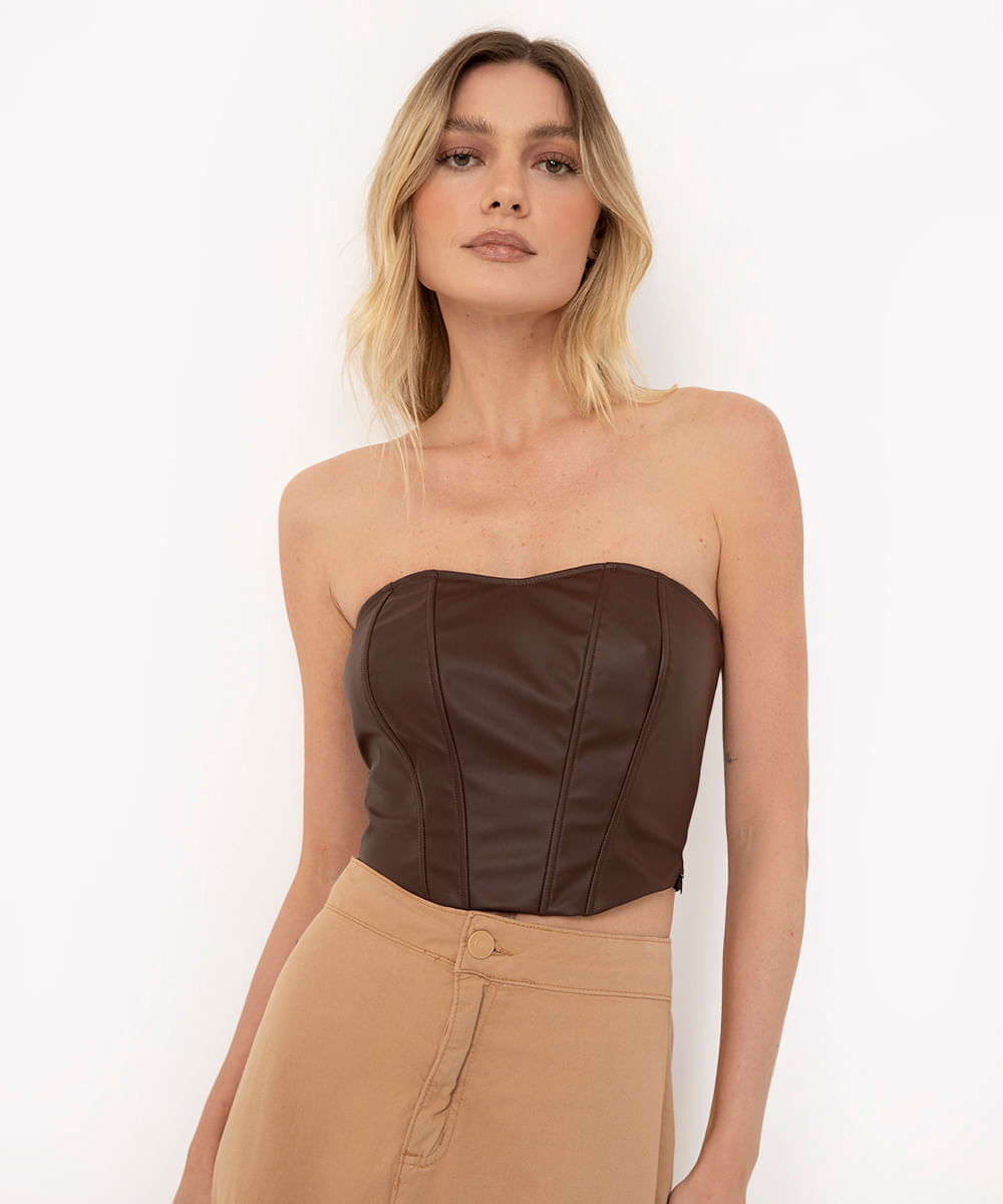 cropped corset de poliuretano sem alça marrom