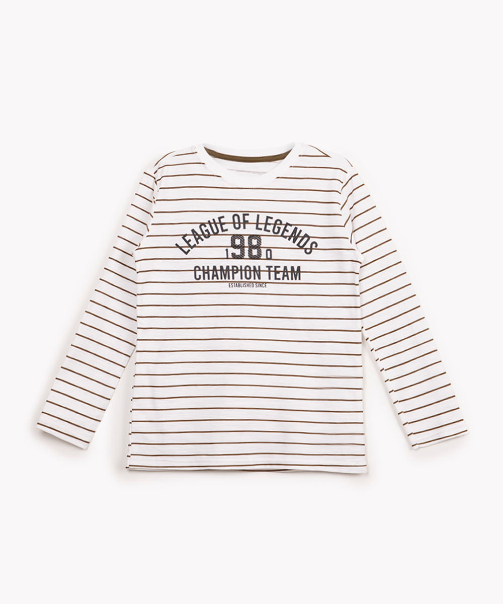 camiseta infantil de algodão manga longa listrada off white