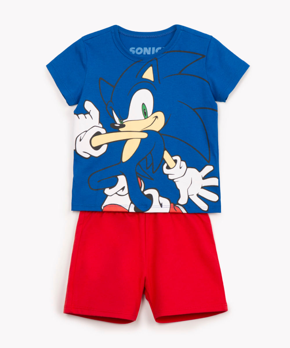 conjunto de algodão infantil sonic manga curta azul