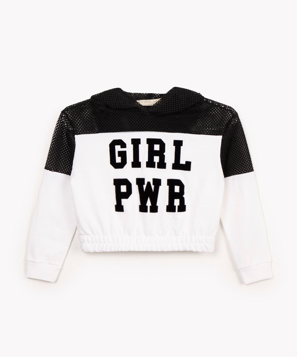 blusa infantil com capuz e manga longa em tela girl power off white