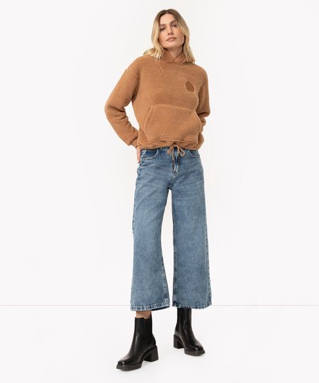 calça wide leg jeans cropped cintura alta azul escuro