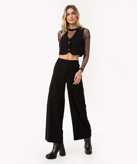 calça wide leg cargo cintura alta preto