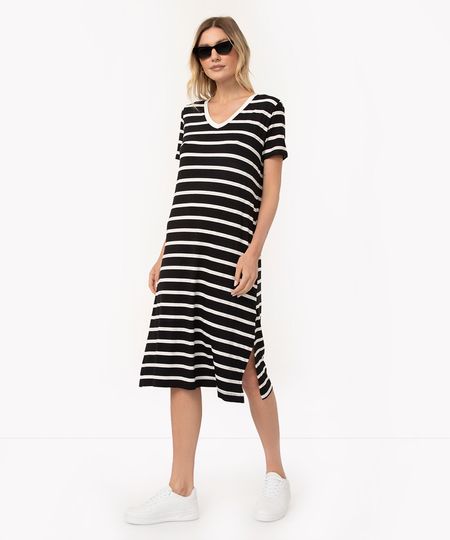 vestido listrado midi com fenda manga curta preto PP