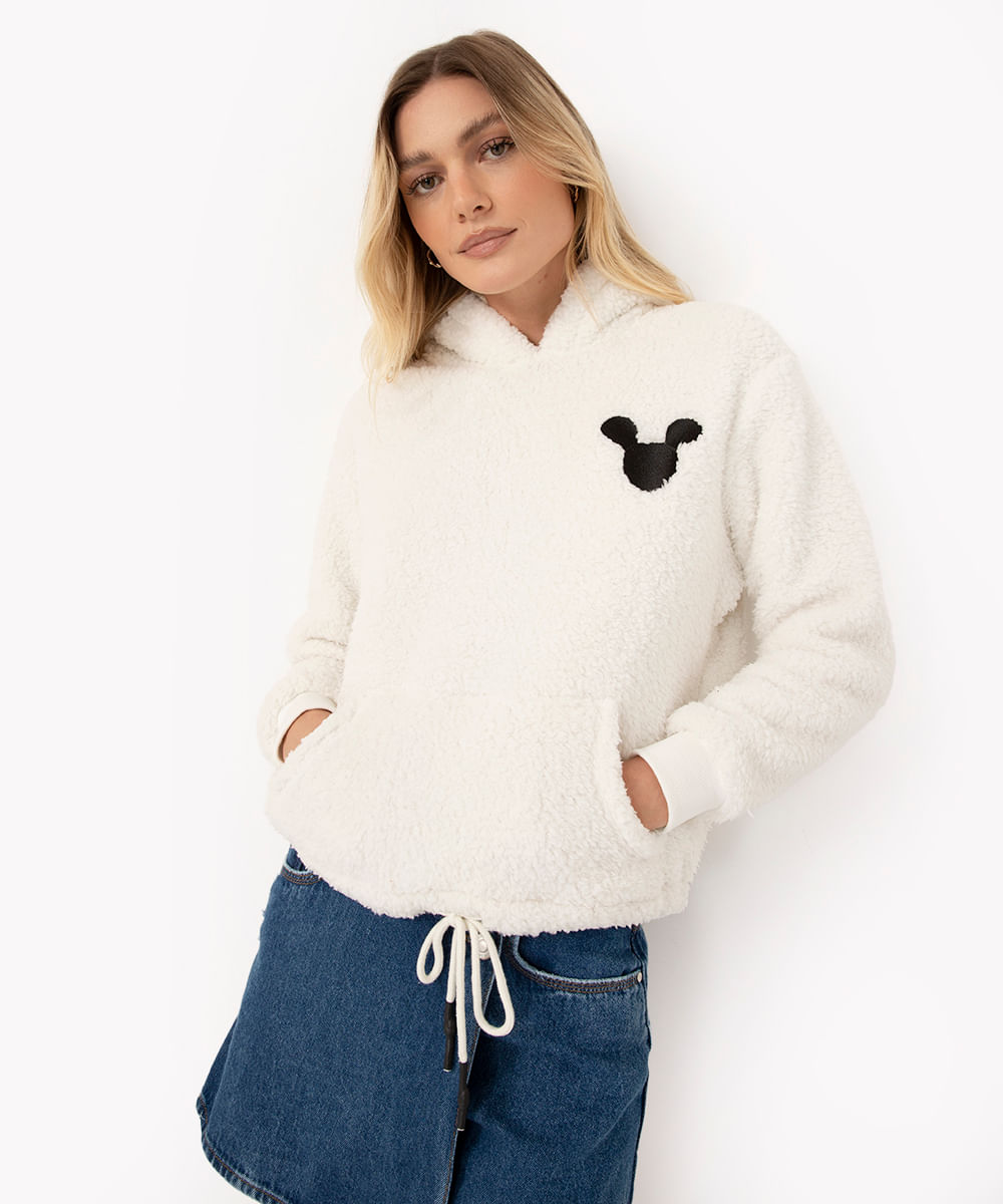 blusão de sherpa mickey com capuz e bolso off white